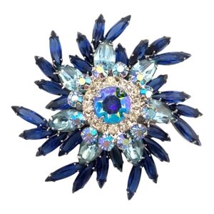 Vintage Huge Aqua Blue and Dark Blue Juliana Brooch w/ Blue AB's & Clear RS!